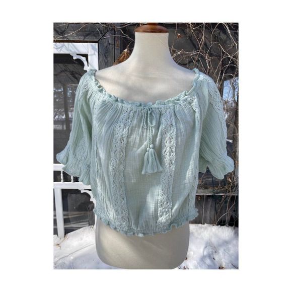 American Eagle Outfitters Mint Green Knit Crop Top Off Shoulder Balloon Sleeve S - Picture 11 of 12